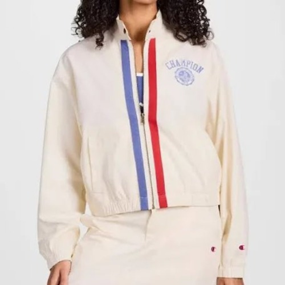 Champion Womens XL‎ Cream Cotton Bomber Jacket Racing Stripe Windbreaker NWT